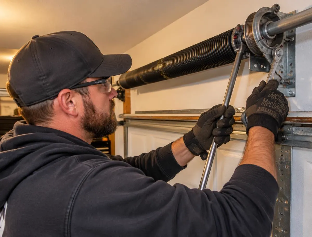 Technician replacing a torsion spring
